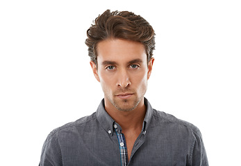 Image showing Portrait, fashion and clothes with a young man in studio isolated on a white background for style. Face, trendy and a serious model looking confident in an open collar casual or relaxed outfit