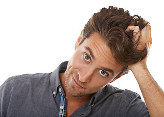 Image showing Portrait, man scratching head and thinking, confused or doubt isolated on a white studio background. Face, person and idea, puzzled at choice or decision, question or solution, why or dont know emoji