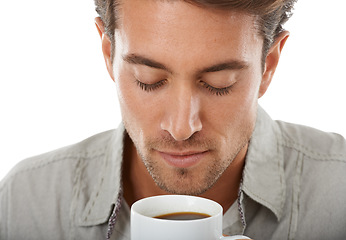 Image showing Man, coffee and smell for happy in studio as morning beverage, work motivation or white background. Male person, model and caffeine scent aroma in mug for latte breakfast, espresso or mockup space