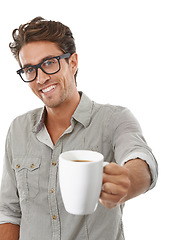 Image showing Man, portrait and coffee drink or offer caffeine beverage, morning motivation, espresso or white background. Male person, model and face with mug in studio for hot latte, cappuccino or mockup space