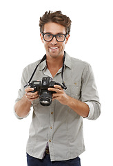 Image showing Man, portrait and camera for photography in studio for creative vision, capture hobby or white background. Male person, face and digital equipment for picture on mockup space, professional or skill