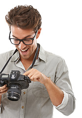 Image showing Man, photographer and happy or camera studio for picture result as creative vision, capture hobby or white background. Male person, point and excited at digital equipment, mockup space or art skill