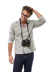 Image showing Smile, man and photographer with camera on neck in studio isolated on a white background. Happy person in glasses, creative paparazzi and hobby for fashion, style or thinking model on mockup space