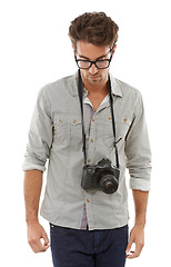Image showing Man, thinking and camera as photographer for idea professional, creativity thoughts or white background. Male person, digital equipment and shooting artist on mockup for studio, skill or lens job