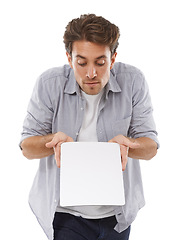 Image showing Space, sign and man on poster, advertising and mockup isolated on a white studio background. Flyer, paper and person show banner on promotion, sales information or blank billboard presentation offer