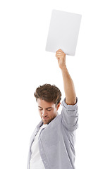 Image showing Space, sign and man on paper, presentation and mockup isolated on a white studio background. Flyer, poster and person show banner on promotion, sales information and blank placard advertising offer