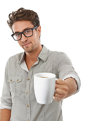 Image showing Man, portrait and coffee drink in studio for caffeine beverage, company morning for motivation, espresso or white background. Male person, model and face with mug as latte, cappuccino or mockup space