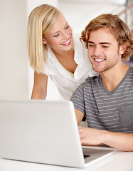 Image showing Laptop, smile and planning with a young couple in their apartment for research or investment together. Computer, bank or ecommerce with a happy man and woman in their home for growth or development