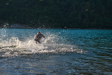 Image showing Triathlon athlete starting swimming training on lake