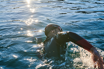 Image showing Triathlon athlete swimming on lake in sunrise wearing wetsuit