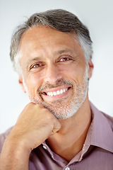 Image showing Smile, portrait and mature man in the office with positive, good and confident attitude. Happy, employee and face of professional male attorney from Mexico with legal law career in modern workplace.