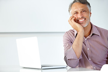 Image showing Mature man, portrait and smile laptop in office to review online research, website connection and project management at desk. Happy entrepreneur, business manager and working on computer with pride