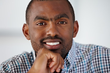 Image showing Confident, office and portrait of business black man for work, career and job in workplace. Corporate, startup company and face of worker with smile for opportunity, pride and positive mindset