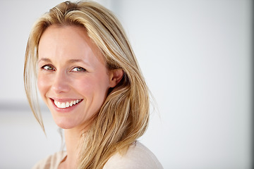 Image showing Happy, office and portrait of business woman with smile excited for work, career and job in workplace. Corporate manager, startup company and face of worker for confidence, pride and positive mindset