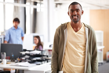 Image showing African, happy and portrait of business man in startup agency for creative, manager and designer. Professional, consultant and advisor with face of employee in office for entrepreneur career