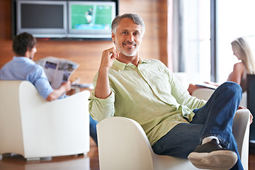 Image showing Relax, director and portrait of business man in startup agency for creative, manager and designer. Professional, consultant and advisor with face of mature employee in office for entrepreneur career