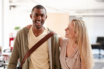 Image showing Business people, office and man with woman, teamwork and speaking with humor, collaboration and funny. Staff, manager or employees with discussion, smile and laughing with conversation or cooperation