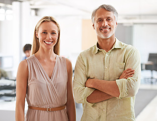 Image showing Business people, portrait and man with woman, cooperation and happy with teamwork, collaboration and joy. Staff, manager or employees with smile, partnership and workplace with management and startup
