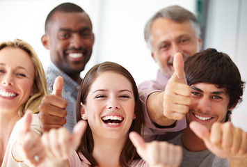 Image showing Portrait, happy and business people with thumbs up in office for thank you, support or vote sign. Recruitment, we are hiring and marketing team with diversity, hand and emoji for join us motivation