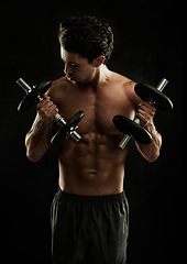 Image showing Dumbbells, black background or topless bodybuilder in exercise, strength training or workout in studio. Fitness model, dark or ripped man with healthy body, weights or biceps muscle for lifting power