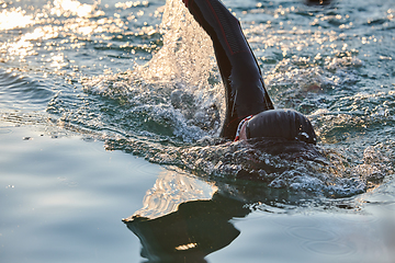 Image showing Triathlon athlete swimming on lake in sunrise wearing wetsuit