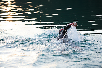 Image showing Triathlon athlete swimming on lake in sunrise wearing wetsuit