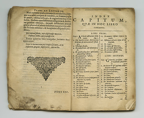 Image showing Antique medical book, paper and literature of medicine information, historical research archive or content reference page. Latin language, health science textbook and healthcare article notes