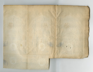 Image showing Old, vintage and blank page of parchment, manuscript or history artifact for scripture or literature against a studio background. Closeup of empty historical novel, journal or worn paper for research
