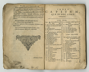 Image showing Antique medical book, knowledge or ancient info, content page or index for medicine study, health notes or vintage guide. Latin language, history journal or manual for healthcare education literature