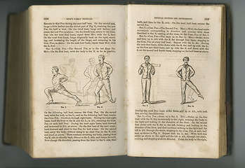 Image showing Old book, vintage and history of fitness guide, antique manuscript or ancient scripture in literature on exercises against a studio background. Closeup of historical novel, journal or classic workout