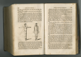 Image showing Old book, vintage pages and history guide, antique manuscript or ancient scripture in literature of the body against a studio background. Closeup of historical novel, journal or physical culture