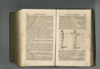 Image showing Old book, guide and vintage pages of text for physical culture, antique manuscript or ancient scripture in literature against studio background. Closeup of historical novel, journal or history study