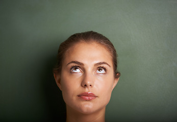 Image showing Teacher, thinking and woman with ideas, solution and problem solving on a grey studio background. Person, model and girl with planning, question and opportunity with decision, mindset and choice