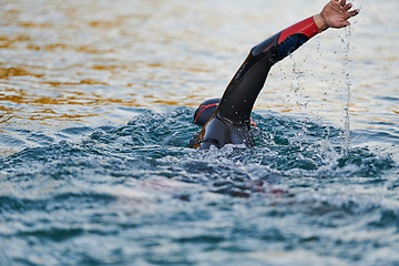 Image showing Triathlon athlete swimming on lake in sunrise wearing wetsuit