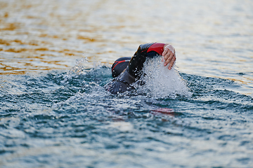 Image showing Triathlon athlete swimming on lake in sunrise wearing wetsuit