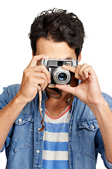 Image showing Portrait, camera and man with photography, creativity and paparazzi isolated on a white studio background. Face, person and model with vintage equipment, photographer and photoshoot with journalist