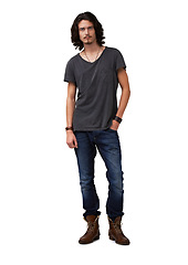 Image showing Fashion portrait, relax and studio man with casual outfit, trendy style or confident in hipster apparel, jeans and cotton tshirt. Clothes, aesthetic or stylish male model isolated on white background