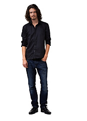 Image showing Fashion model portrait, relax and studio man with casual outfit, trendy style or confident in apparel style, jeans and dress shirt. Clothes, mock up space and stylish male person on white background