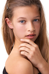 Image showing Teenager portrait, skincare and kid touch, feel or check skin treatment results for acne, melasma or pimple protection. Dermatology skin wellness, face collagen and studio girl on white background