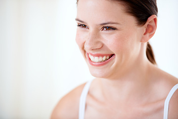 Image showing Happy, portrait and woman with skincare from beauty, cosmetics and white background in studio. Model, smile and person with luxury dermatology, facial and skin glow from wellness in spa or salon