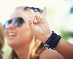 Image showing Rock, hands or happy people in music festival on holiday vacation to relax with smile or fans in park. Dance, crowd or person with freedom or youth culture for social or fun party celebration event