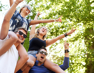 Image showing Happy, music festival and carrying friends on shoulders with cheers of fans in celebration or freedom. Excited, people and sign for rock n roll at concert with men to support girlfriends in woods