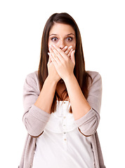 Image showing Woman, covering mouth and portrait for secret, gossip and rumor in studio, face and white background. Female person, surprise and emoji or omg, wtf and drama or what, shock and information or news