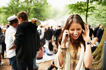 Image showing Woman, phone call and loud music festival for communication, conversation or networking in nature. Female person struggling to hear on mobile smartphone for discussion at outdoor concert or event