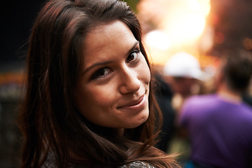 Image showing Happy woman, portrait and face at outdoor music festival for party, event or DJ concert in nature. Closeup of female person smile in crowd at night for carnival, performance or summer fest outside