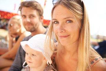 Image showing Man, woman and baby or outdoor happy for nature event or childhood development, connection for bond. Mother, father and portrait with kid as family at festival outing for holiday, vacation or weekend