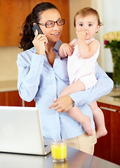 Image showing Mother, baby and phone call for home planning, career management and laptop in kitchen for multitasking. Single mom or freelancer on mobile and computer for job search, chat and financial opportunity