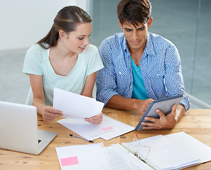 Image showing Colleagues, business meeting and tablet with documents, laptop and talking, plan and workers. Man, woman and technology with email, working or project for conversation, workplace and professional