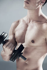 Image showing Fitness, dumbbell weight and closeup of man with muscles doing workout in gym for bodybuilding training. Sports, exercise and male person from Canada with equipment for health in wellness center.