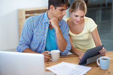 Image showing Teamwork, business meeting and tablet with documents, laptop and looking, plan and workers with coffee. Man, woman and tech for email, working or project for conversation, workplace and professional